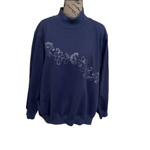 Alfred Dunner Sweatshirt L Blue Embellished Mock Turtleneck Long Sleeves